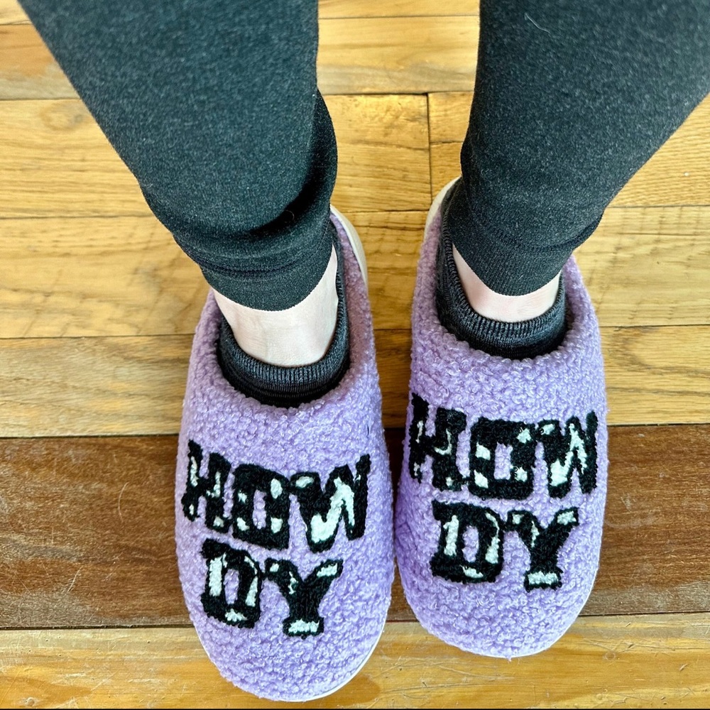 HOWDY Slippers, Cowgirl Cow print Purple Fuzzy House Shoes, Valentine's Gift